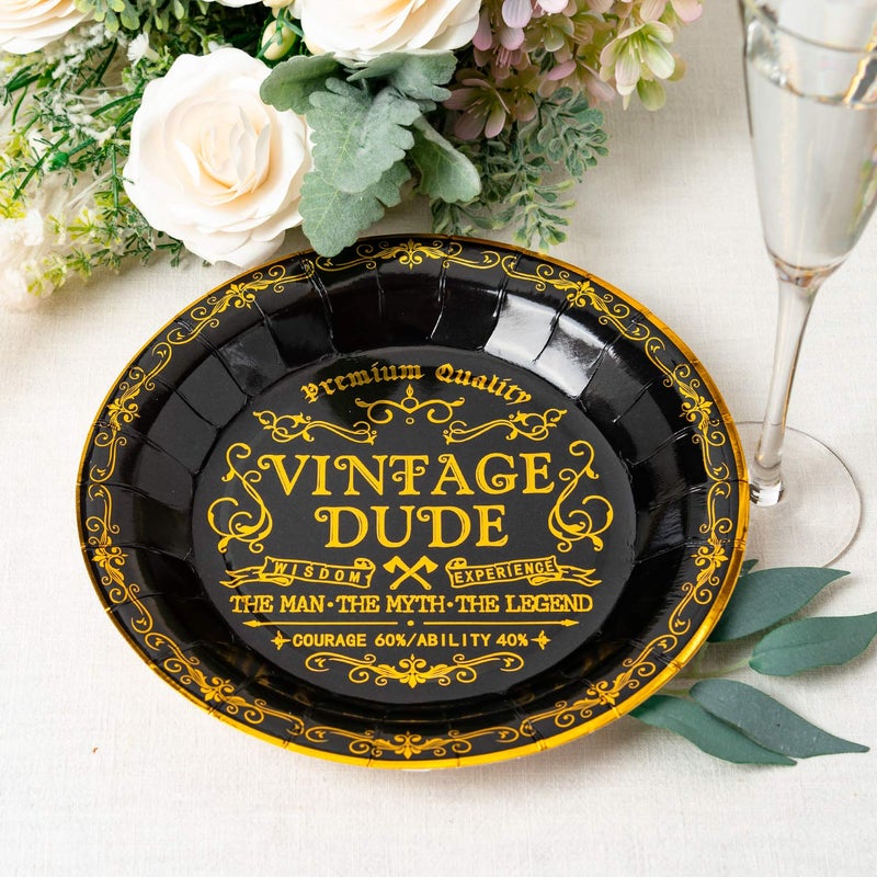 Crisky Vintage Dude Disposable Plates for Men Birthday Decorations Black Gold Dessert, Buffet, Cake, Lunch, Dinner Disposable Plates Men Birthday Party Table Supples, 50 Count, 9 inches - Image 3